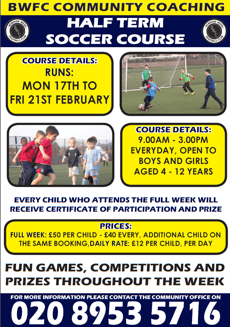 FEBRUARY SOCCER COURSE AT BOREHAM WOOD FC